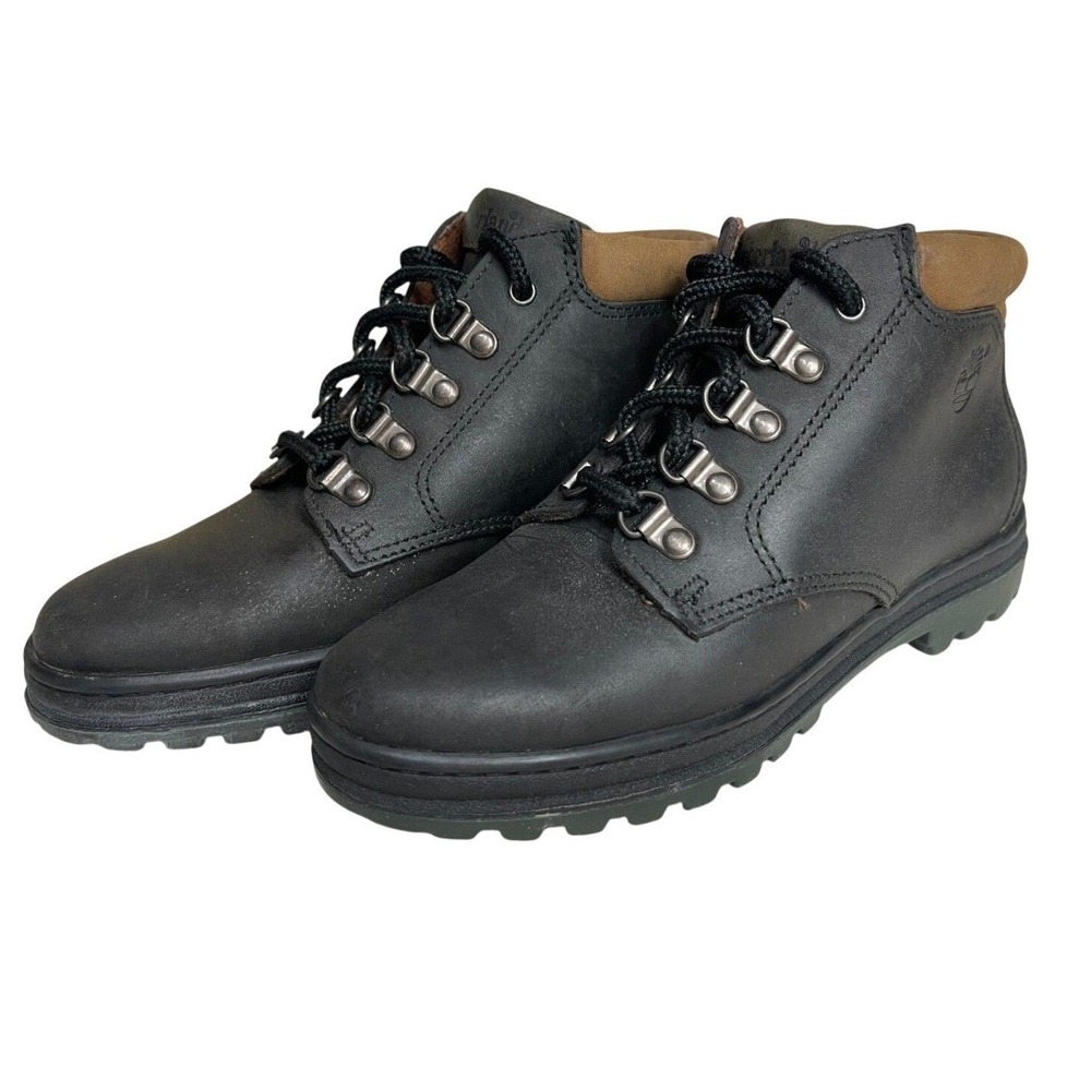Timberland Black Leather Ankle Hiking Boots Size 6M Padded Collar Lug Sole
